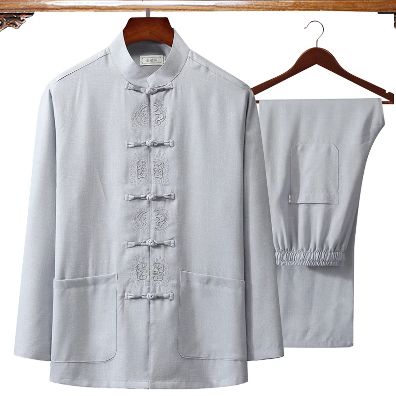 Autumn New Embroidery Chinese Men's Cotton Linen Wu Shu Clothing Long Sleeve Shirt & Long Pant Kung Fu Tai Chi Suit 4XL