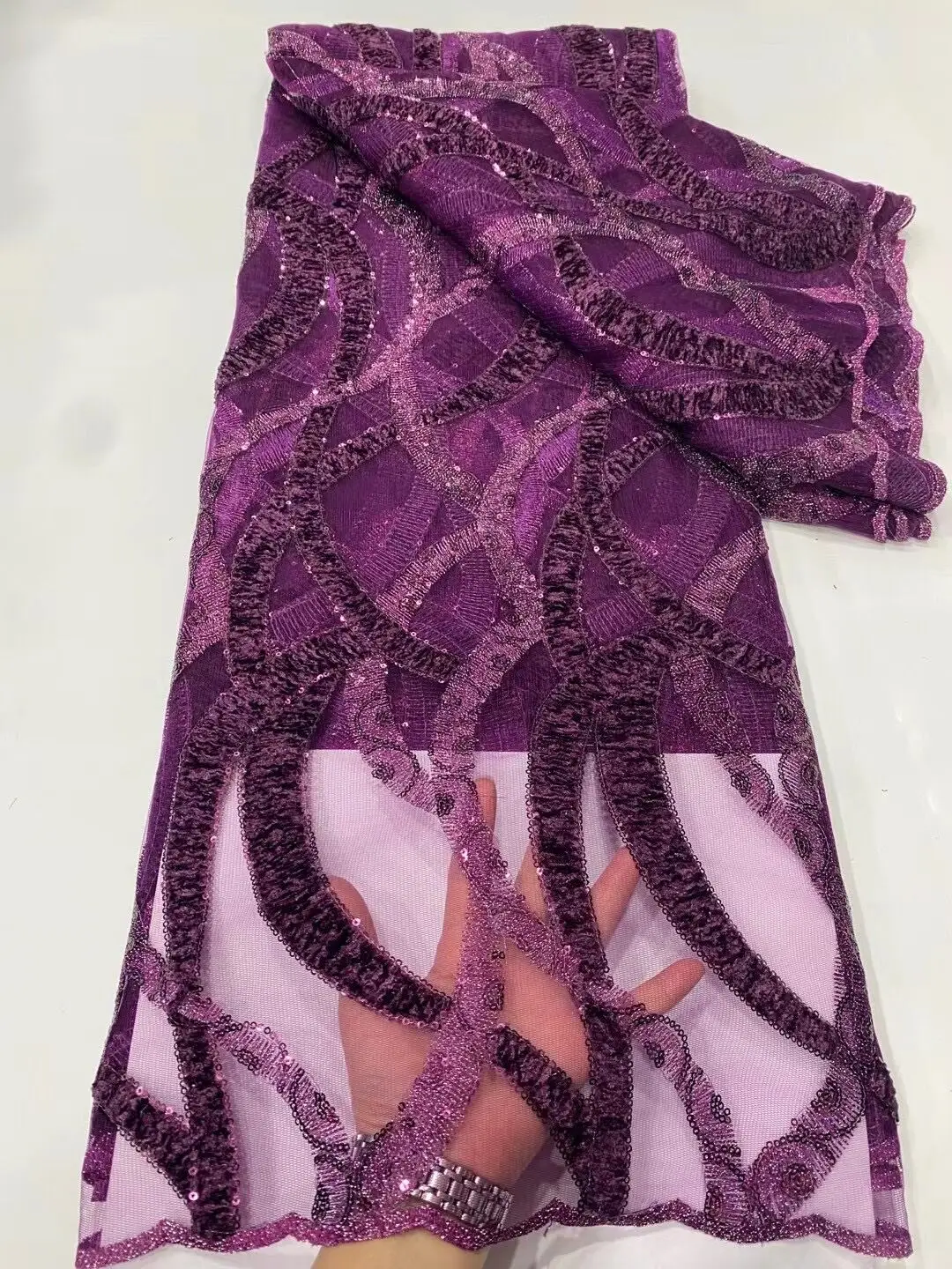 

Фиолетовая французская сетчатая кружевная ткань с блестками, африканвечерние няя Тюлевая ткань, нигерийская сетчатая ткань, африканская т...