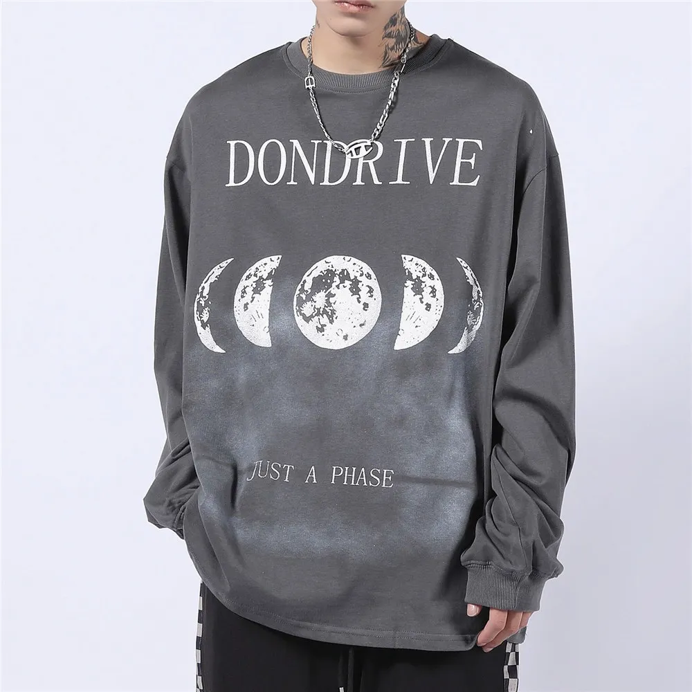 

Футболка мужская оверсайз с длинным рукавом, хлопковая Повседневная рубашка в стиле хип-хоп, с принтом Луны, уличная одежда в стиле Харадзюк...