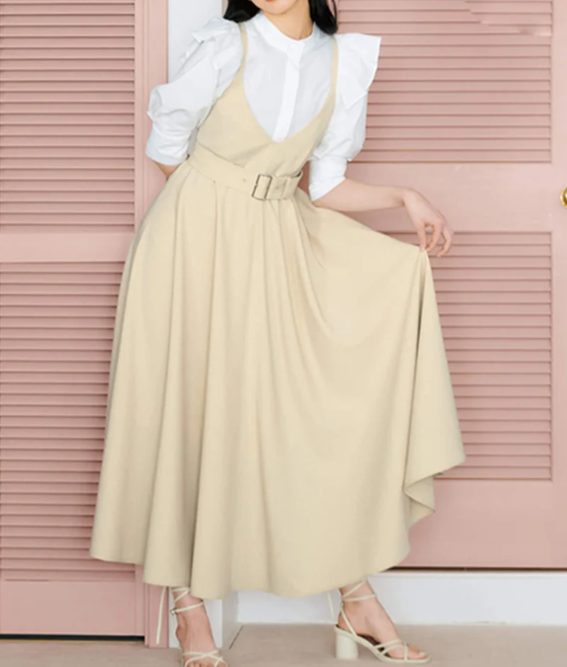 

Женское расклешенное платье на бретельках, однотонное платье с высокой талией и поясом, весна 2021