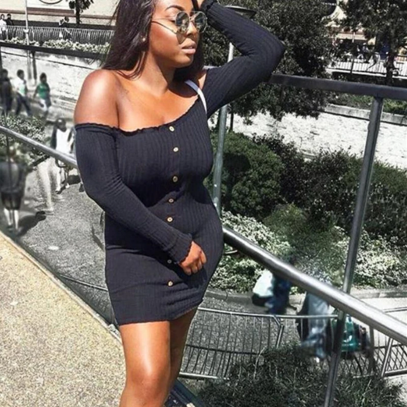 

RICORIT 2019 Fashion Dress Long Sleeve A Line Off shoulder Package Buttocks Sexy Mini Dress