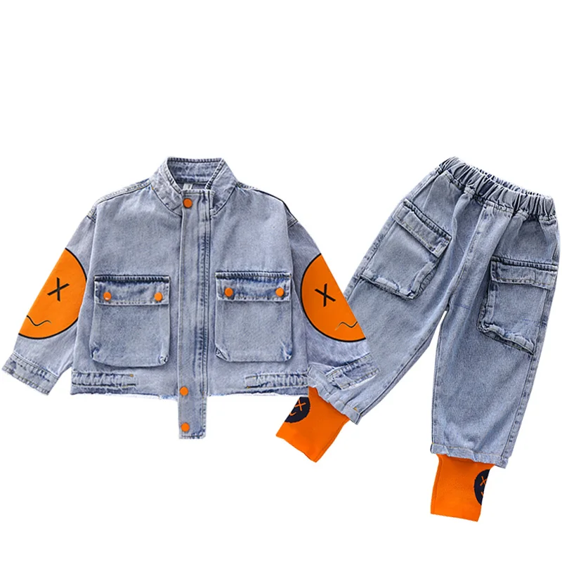 

INS hot boys suit 3-13 years old cotton Cartoon smiling cowboy denim 2-piece suit kids clothing toddler girl clothes