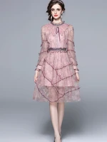 2022 runway spring tweed embroidery dress for womens luxury beading lapel long sleeve ruffles lace splicing party vestidos