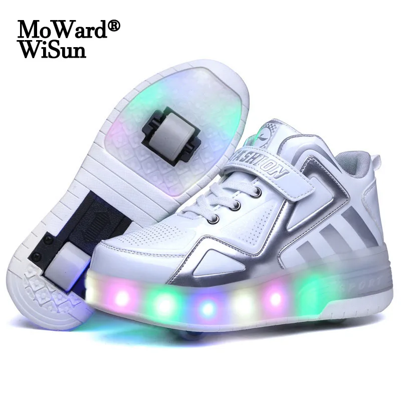 

Size 30-40 Boys Girls USB Charged Children Glowing Shoes With LED Lights Kids Luminous Roller Skate Sneakers On Double Wheels