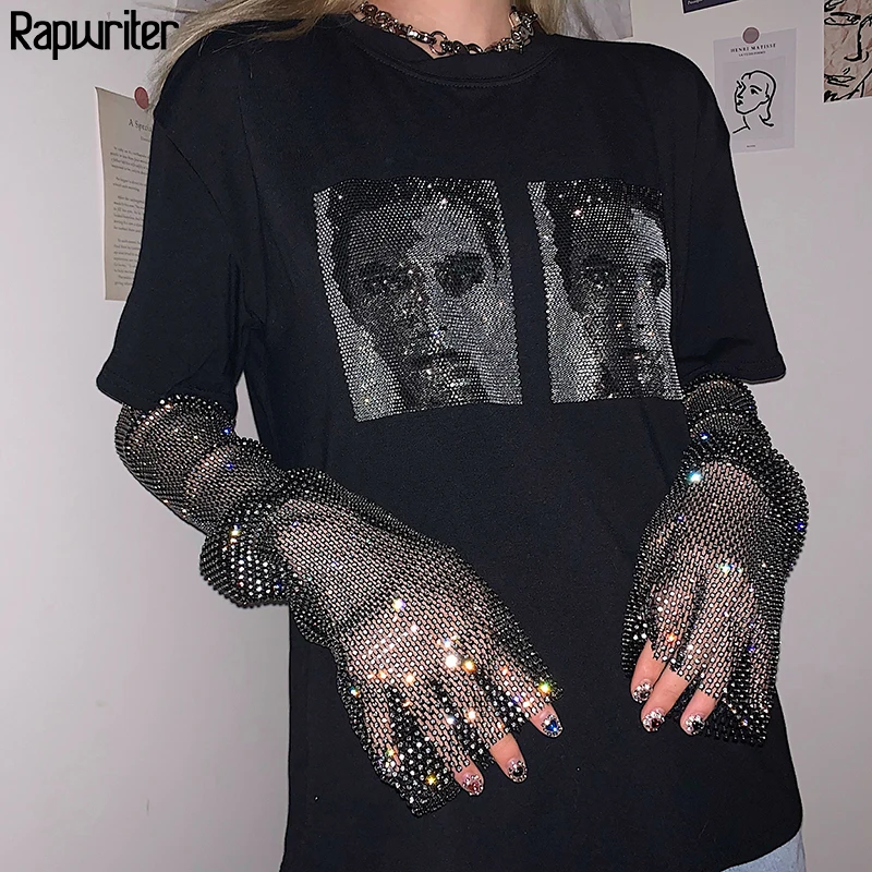 Rapwriter с сеткой в стиле пэтчворк Блестящий глиттер свободная черная футболка Harajuku