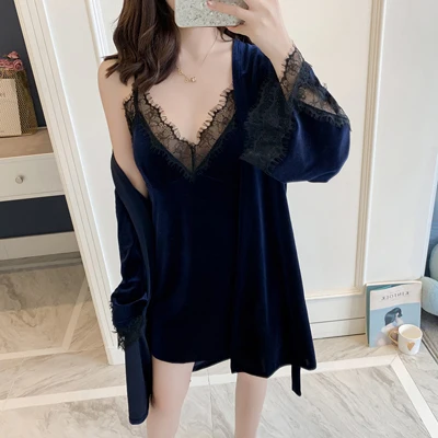 blue set Fiklyc Нижнее белье женские зимние из двух частей ночная рубашка без рукавов+ халаты с открытой спиной мягкий нагрудный халат и платье наборы Бархат - Цвет: blue set