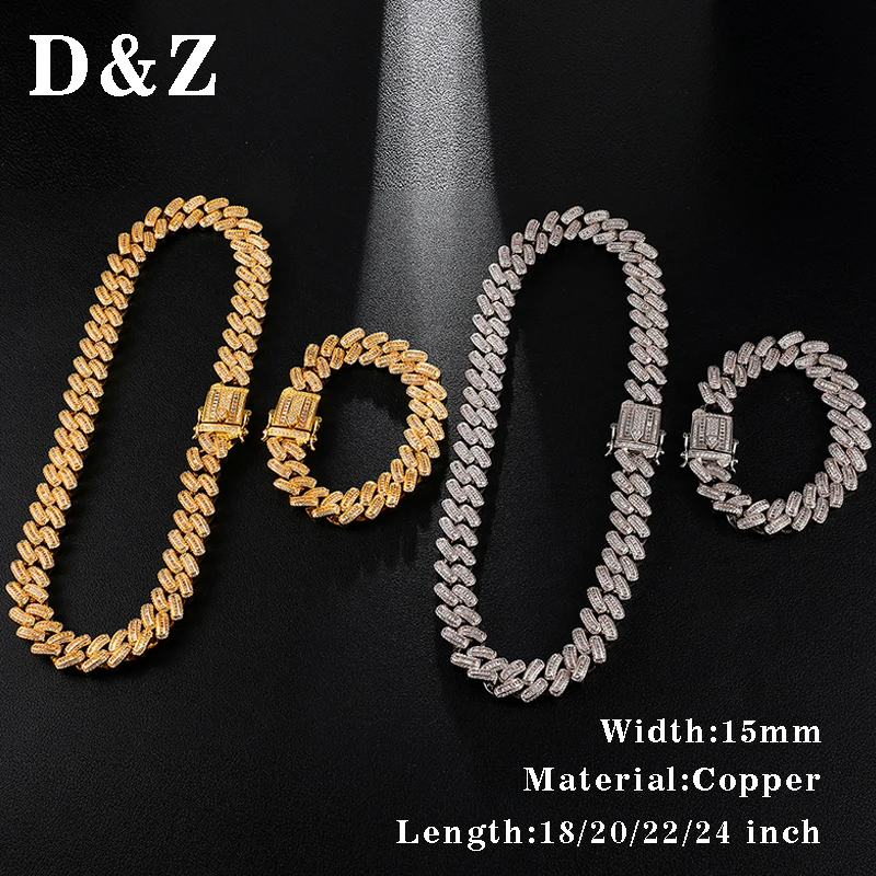 D & Z 15 мм Iced Out зубцы CZ кубинские звенья цепи колье s для мужчин Хип Хоп мода