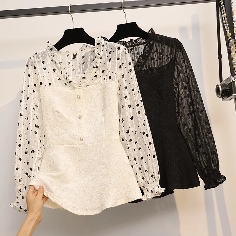 

Black Mesh Stitch Long Sleeved Plus Size Korean Autumn Elegant Fashion Blouses And Tops Women'S Oversize Shirt Clothing 2021