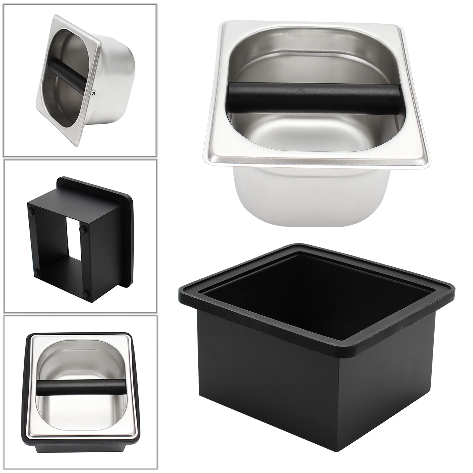 

Coffee Knock Box Coffee Grounds Container Box Barista Coffee Residue Bucket Grind Waste Bin Stainless Steel Rubber Bar Black