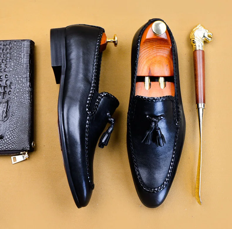 Slip On Men Brogues Formal Shoes Tassel Loafers Male Genuine Leather Black Luxury Brand Flat Comfortable Dress | Обувь