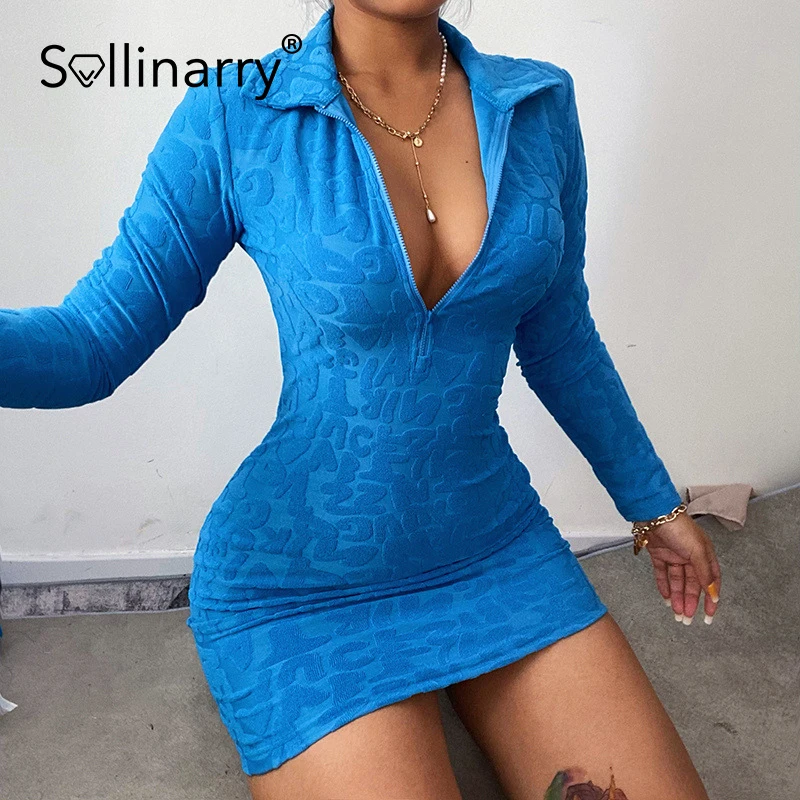 

Sollinary Skinny zip up bodycon mini dress women Fashion letter printed turn down collar dress Stylish long sleeve vestidos