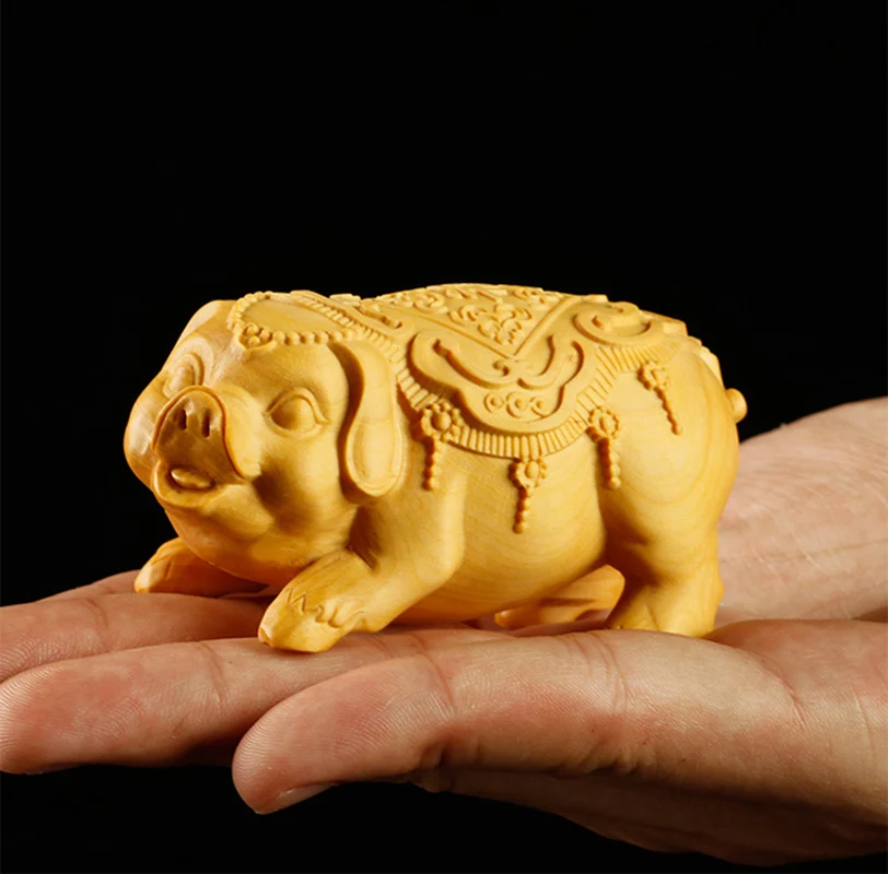 

XS440- 8.7 CM Lucky Pig Boxwood Sculpture Wood Carving Lucky Zodiac Animal Feng Shui Home Decor
