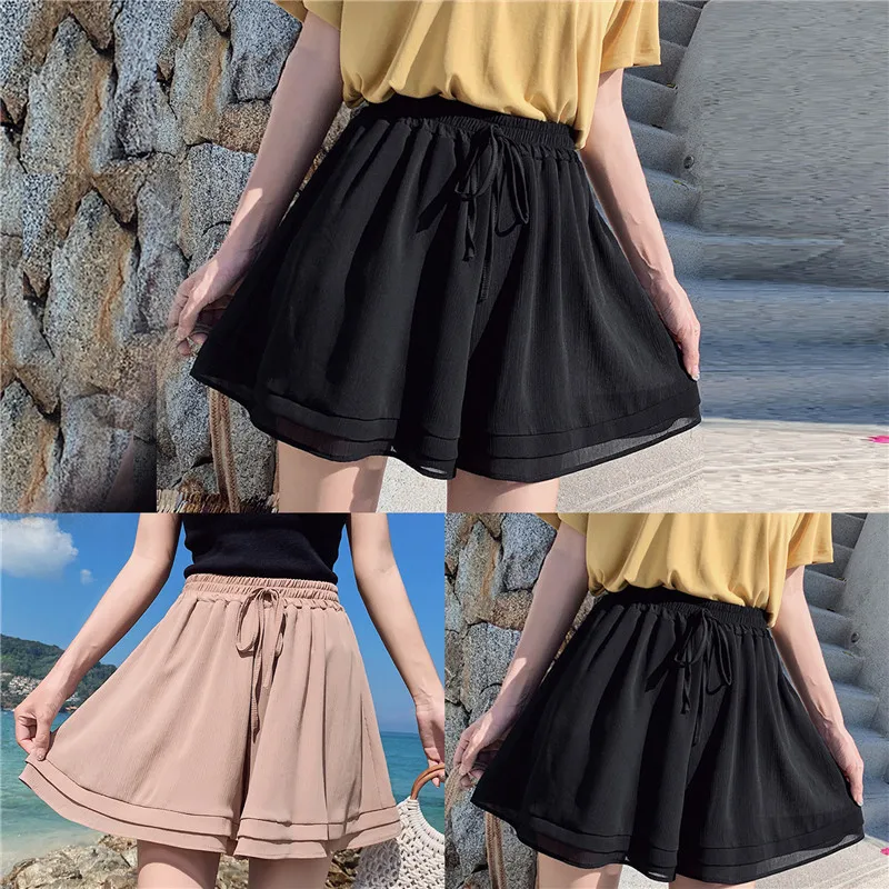 

Summer Women Chiffon Shorts Loose Boho Solid High Waist Casual Shorts Black Pink Shorts