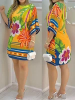 summer fashion beach wear round neck short sleeve mini tee shirts dress tropical print half sleeve casual dress