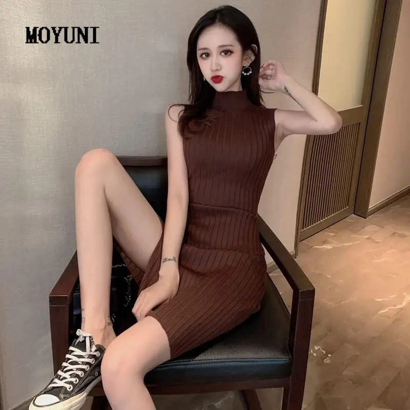 

Bottom Sexy Side Split Wrap Hip Sleeveless Black Vest Dress Mini Vintage Stand Vestidos Mujer Wild Stretch Slim High Waist Robe