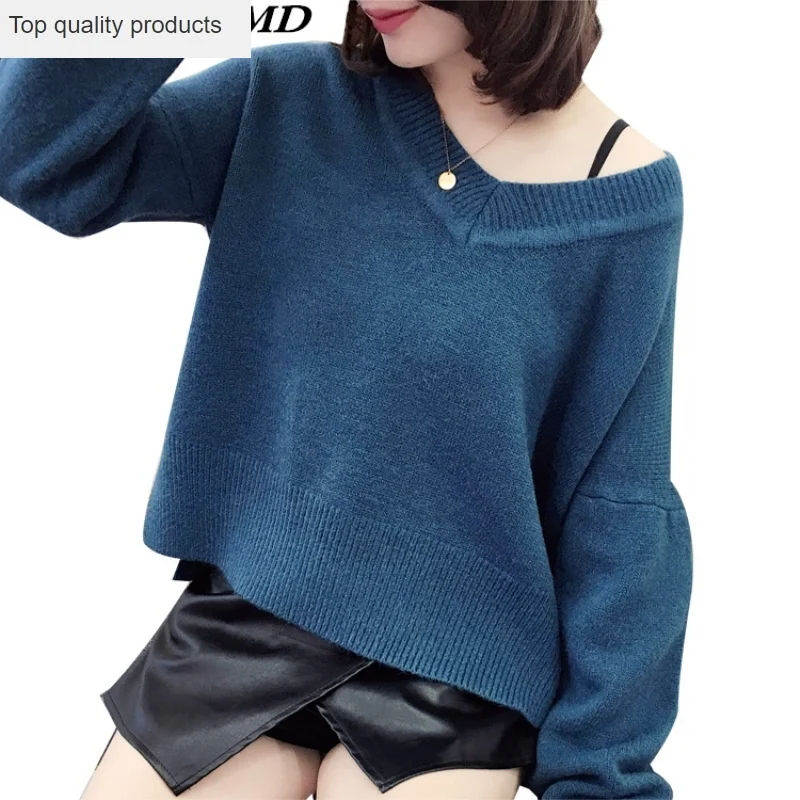 

2020 New Autumn Winter Large Size Loose V Collar Knit Pullover Sweater Women Solid Warm Thicken Long Bottoming Knitwear CW211