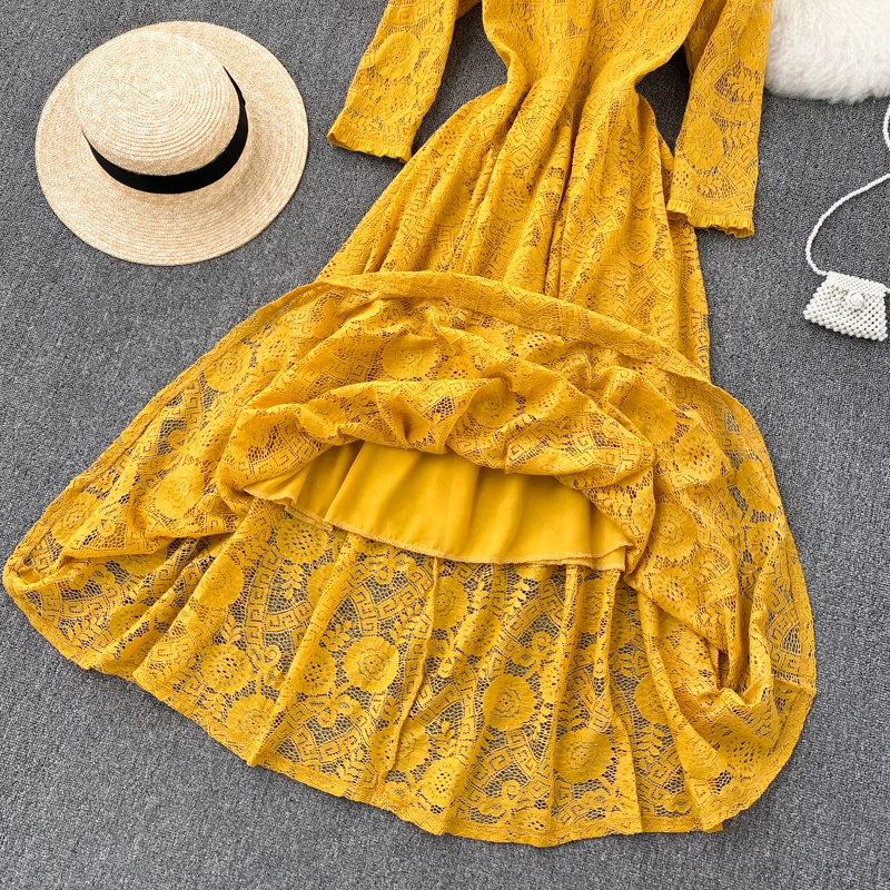 

Pink/Black/Blue Vintage Hollow Out Party Long Dress Women Elegant Ruffle Collar Long Sleeve Casual Maxi Vestidos Spring Autumn