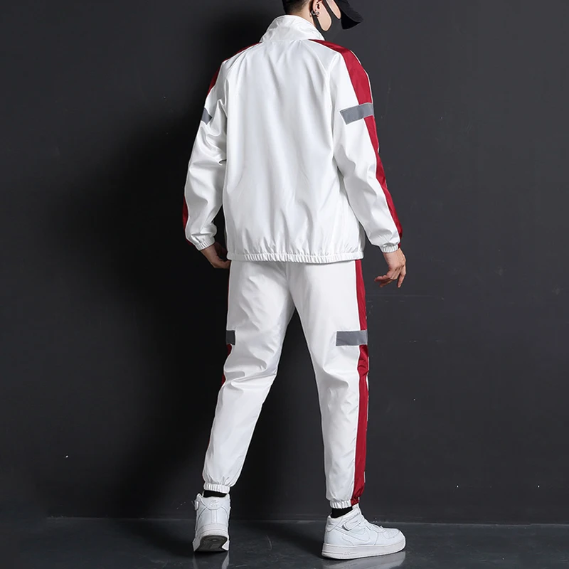 

2020 Men Fashion Tracksuit Spring Autumn Reflective Sweatshirt +Sweatpants Tracksuit Set Men New Patchwork Slim Fit Sweat Suits