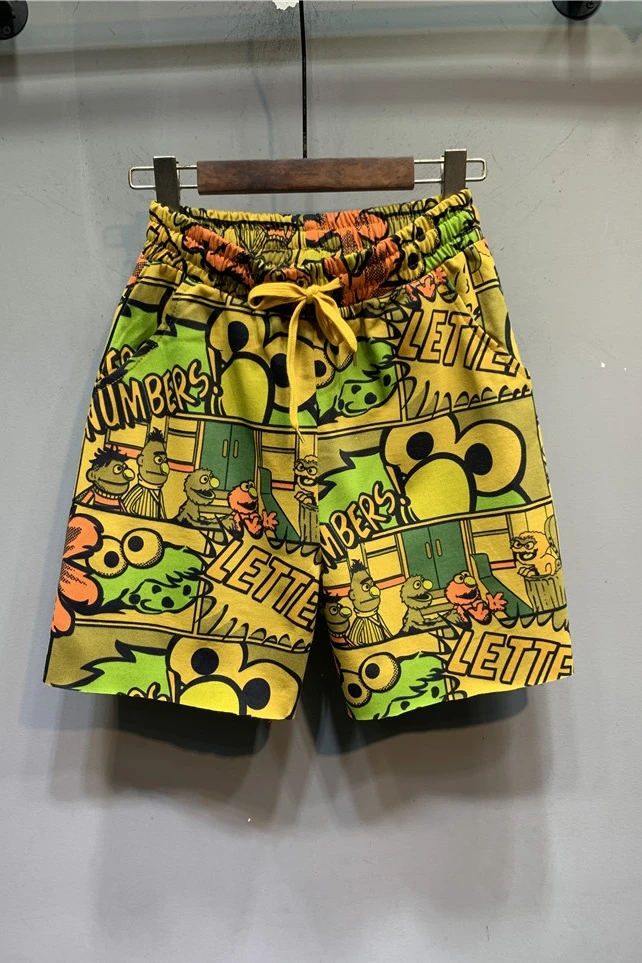 

2021 Summer New Elastic Waist Loose Personalized Cartoon Cropped Wide Leg Shorts Korean Style Women's Straight Hot Pants