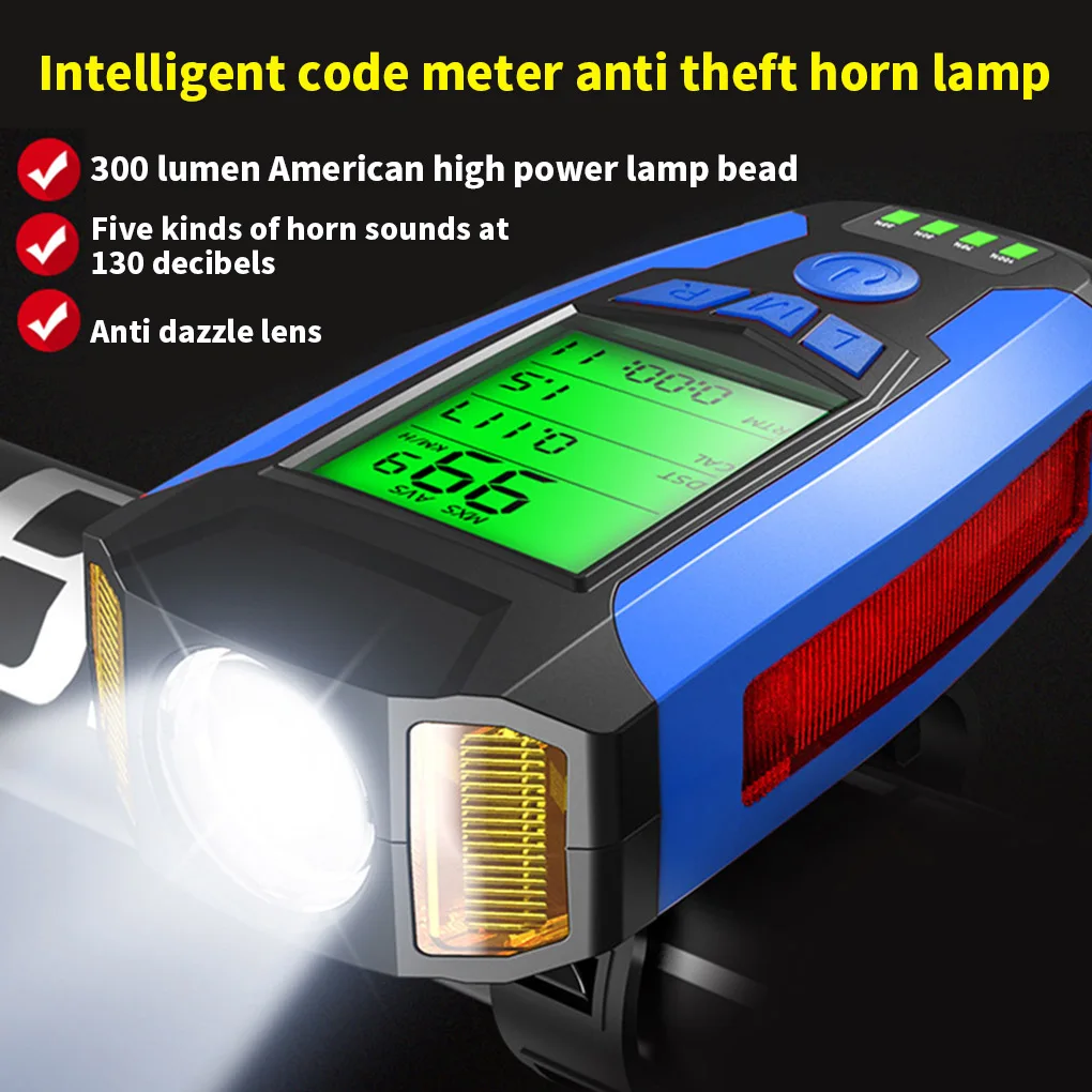 

USB Front Light Horn Speed Meter 3 In 1 Bike Light Multifunctional Cycling Computer Waterproof Handlebar Odometer 5 Modes