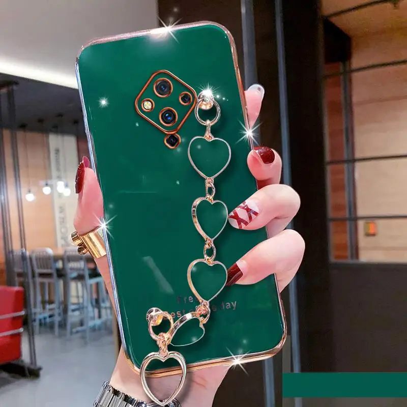 Wrist Bracelet Phone Case For Vivo V17 Neo Case Luxury Love Heart Chain Plating Cover Capa Vivo V17 Neo Soft Silicone Shockproof