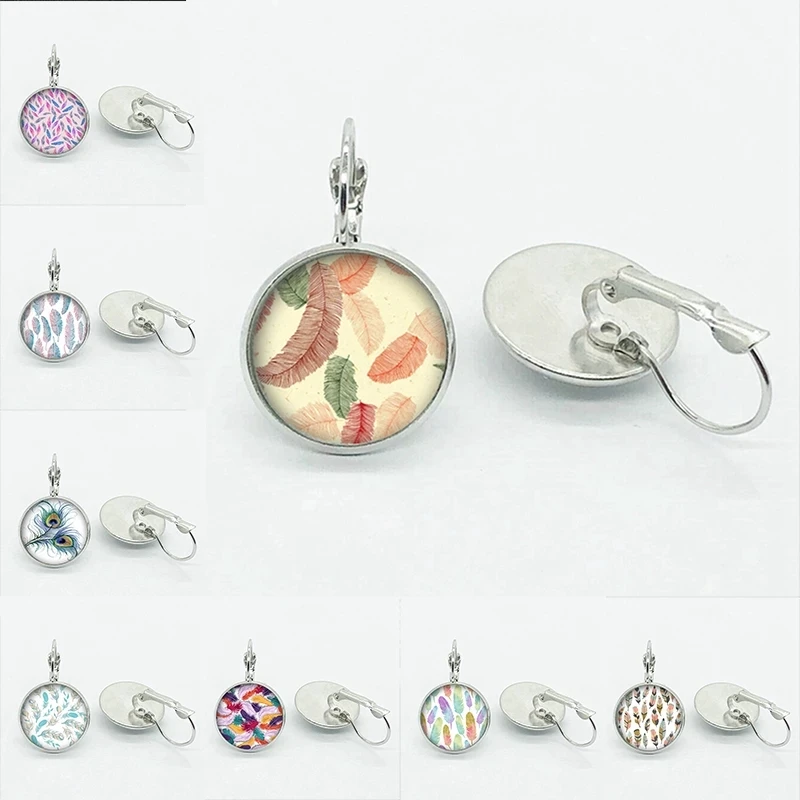 

New Colorful Peacock Bird Feather Earrings Charm Feather Image Round Glass High-End Earrings Ladies Accessories