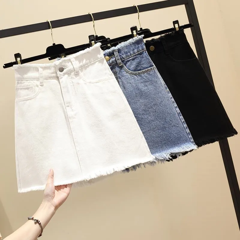 

Women Pencil Denim Skirts Summer Black Blue White Solid Casual High Waist Street Pockets Button All-matched Female Jeans Skirt