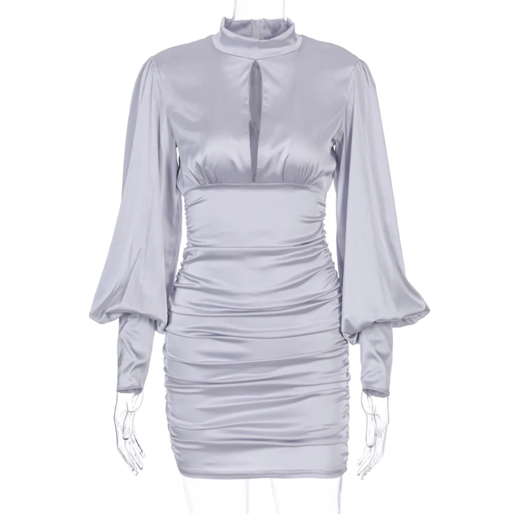 

Elegant Fashion Elastic Satin Women Short Dress High Waist Pleated Hollow Out Mini Dresses Long Sleeve Office Ladies