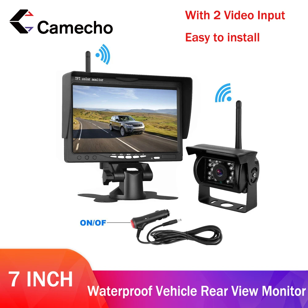 

Camecho Car Monitor 7 inch TFT LCD Display Wireless Backup Camera Monitor for Bus waterproof Car Rearview With 2 Video Input