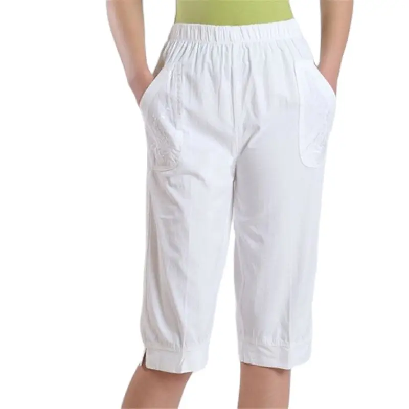Hot Sale High Waist 100% Cotton Calf Length Pants Summer Thin Trousers Female Casual Loose Breathable Straight Capris