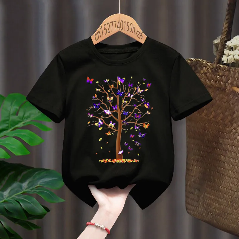 

BUTTERFLY Magic Tree Print Red Kid T-shirts Children Baby Black Harajuku Kawaii Clothes Boy Girl Tops Gift Present ,Drop Ship