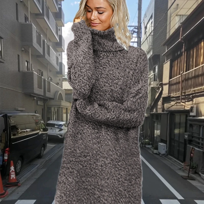 

Autumn Winter New Long Sleeve Pure Color Sweater Dresses 2021 Knitwear Women Clothing Turtleneck Mid Length Woolen Dress Casual