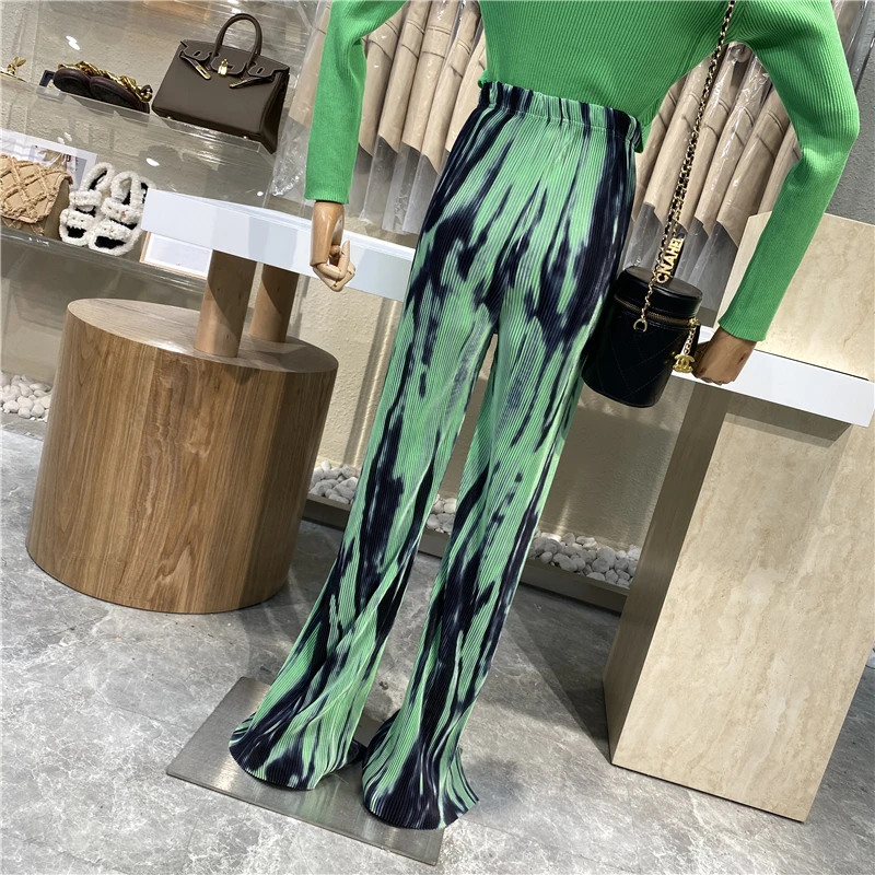 

2021 New Fashion Blooming Casual Slacks Elastic High Waist Joker Pleated Straight Pants With Split Wide Legs Pants