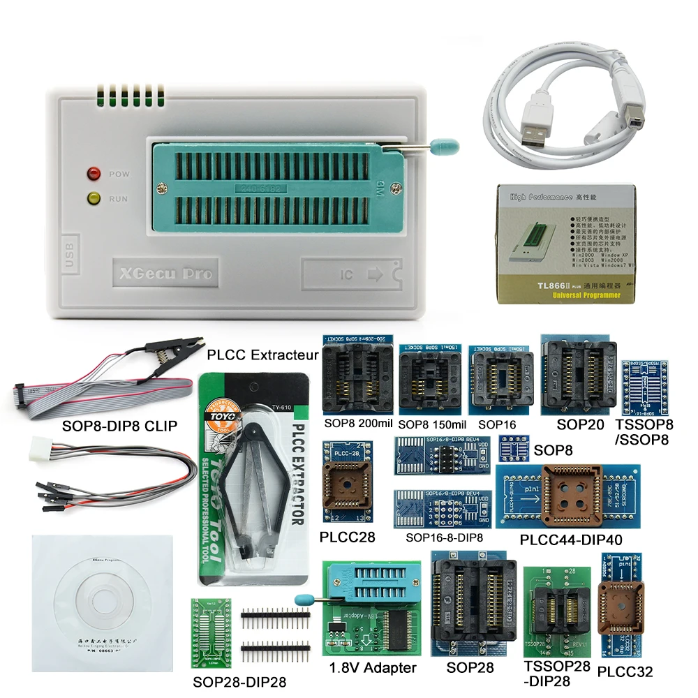 TL866II плюс универсальный программатор+ 28 адаптеров+ SOP8 IC клип Высокая скорость TL866 Flash EPROM программатор - Цвет: with 17 adapter