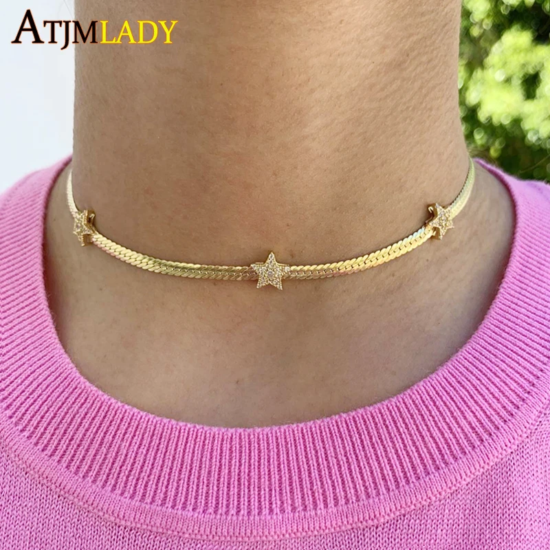 

New Arrive Gold Color European Women Collar Chains 4MM Width Herringbone Snake Chain Micro Pave CZ Star Charm Choker Necklace