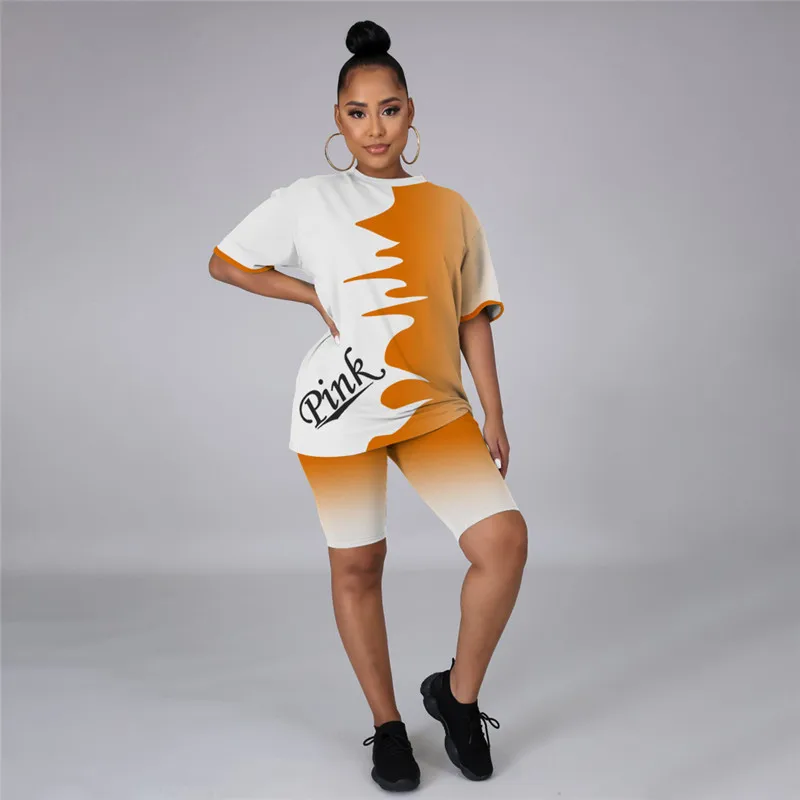 

Women Pink Outfits Tracksuit Gradient Flame Letter Print Short Sleeve T-shirts Bodycon Short Sets Two Piece Sports Fitness Set