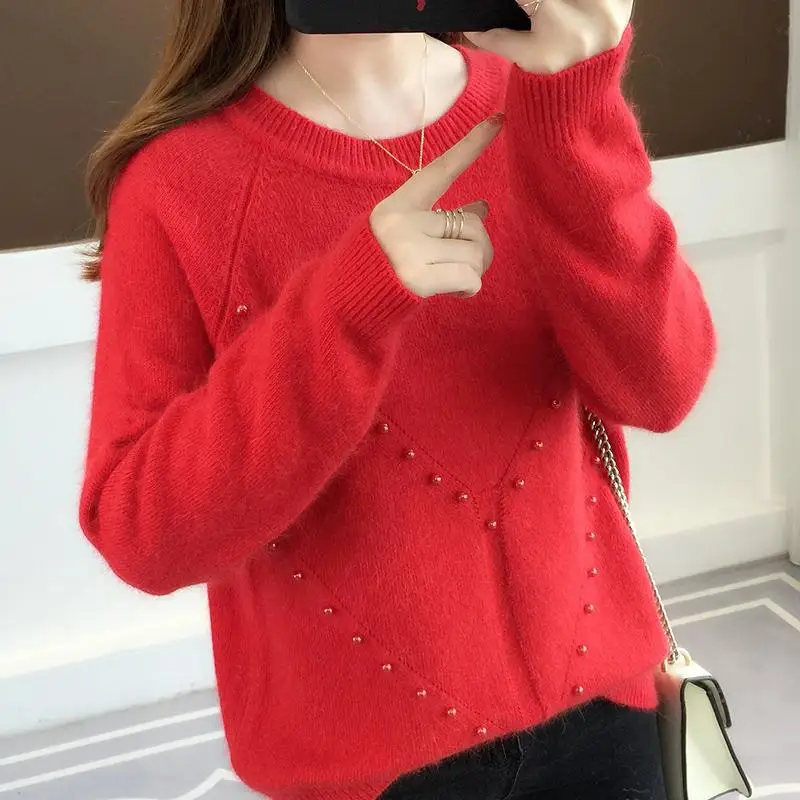 

Pullover Women 2020 Autumn And Winter New Korean Version Of The Loose Round Neck Beaded Sweater Small Fresh