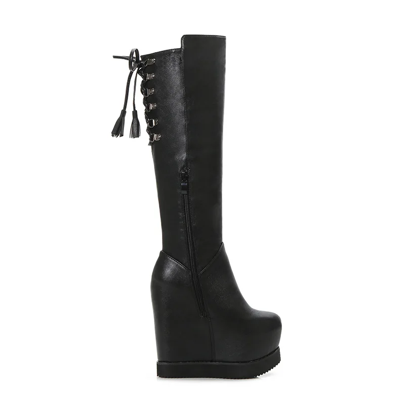 

Star style sexy fashion high leather boots versatile slim winter new ribbon muffin thick soled women's Boots
