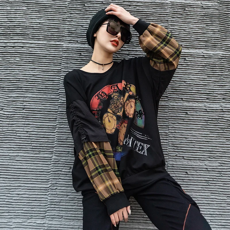 

Women spring and autumn new round neck retro clock printing stitching plaid long-sleeved casual sweater women Y611
