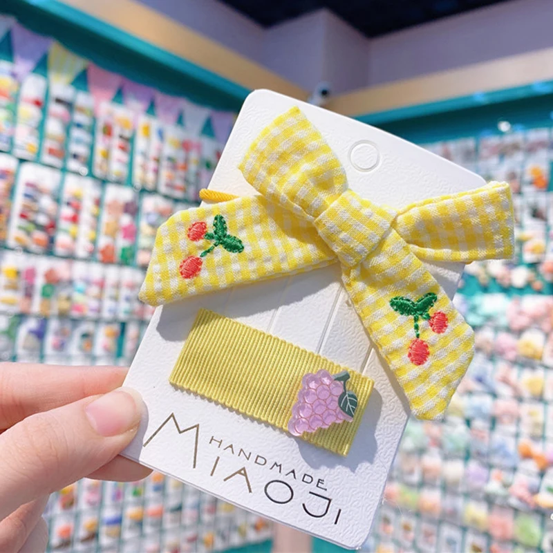 2Pcs/Set Kids Cartoon Hair Accessories Cherry Fruit Elastic Band Hairpins Headwear Set Girls Plaid Bow Clips Headdress |