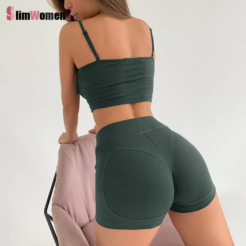 

Summer Casual Women Two Piece Set Fitness Gym Tank Top Sportswear Sling Skinny Tank Crop Top Elastic Waist Shorts Tracksuit 2021