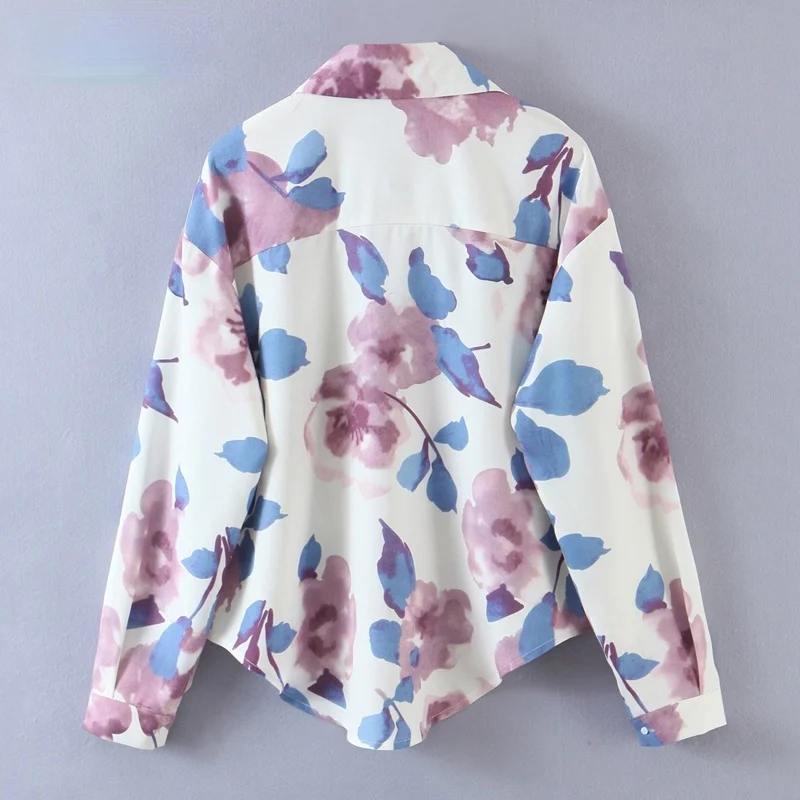 

Spring Summer 2021 Long Sleeve Turn Down Collar Elegant Office Ladies Work Blouses Women Ink Flowers Print Shirts