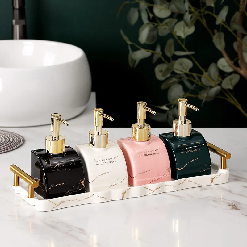 

Ceramic & Porcelain Bathroom Soap Dispenser With Gold Press Head Bath Hardware Tray Wedding Gifts Present Separate Bottles New