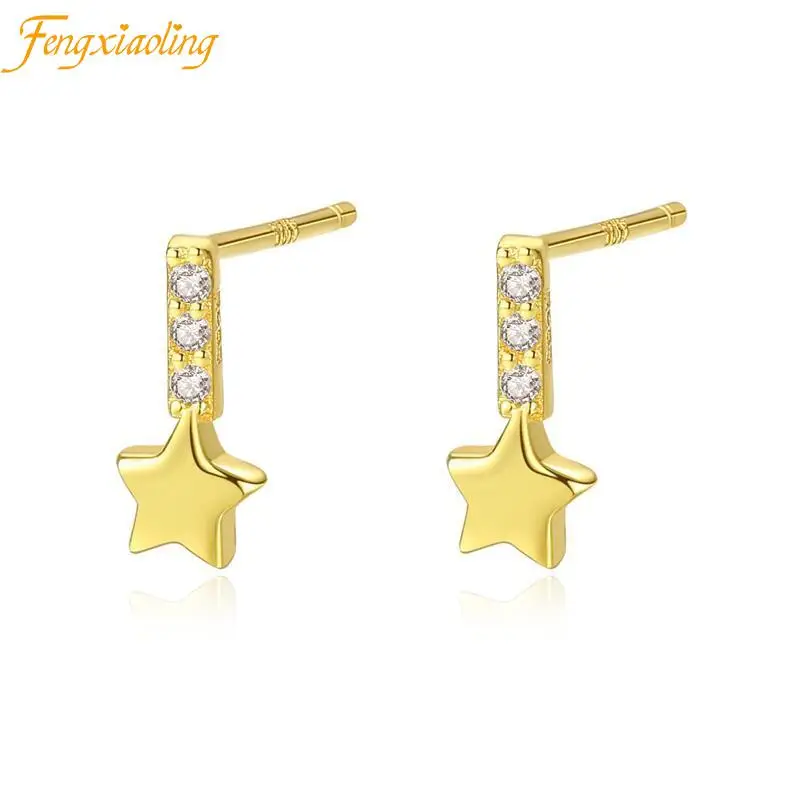 

Real 925 Sterling Silver Stud Earrings For Women Geometric Pentagram With Zircon Silver Earings Fine Jewelry Cute Accessories