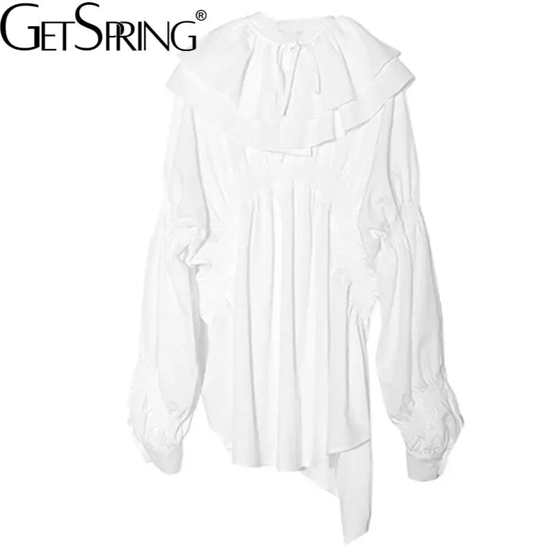 

Getspring женская блузка Асимметричные Длинные рукава с оборками Хлопковая женская блузка рубашка Асимметричные повседневные Черные белые дли...