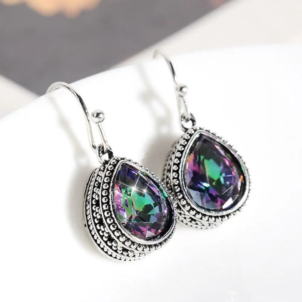 

Retro Rainbow Rhinestone Water Drop Pendant Women Hook Earrings Jewelry Gift