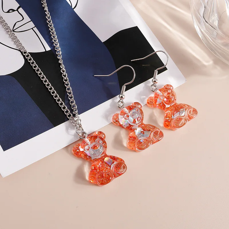 

New Korean Cute Jelly Color Resin Gummy Bear Pendant Necklace Hook Earrings Jewelry Sets for Girls Women Romantic Jewelry