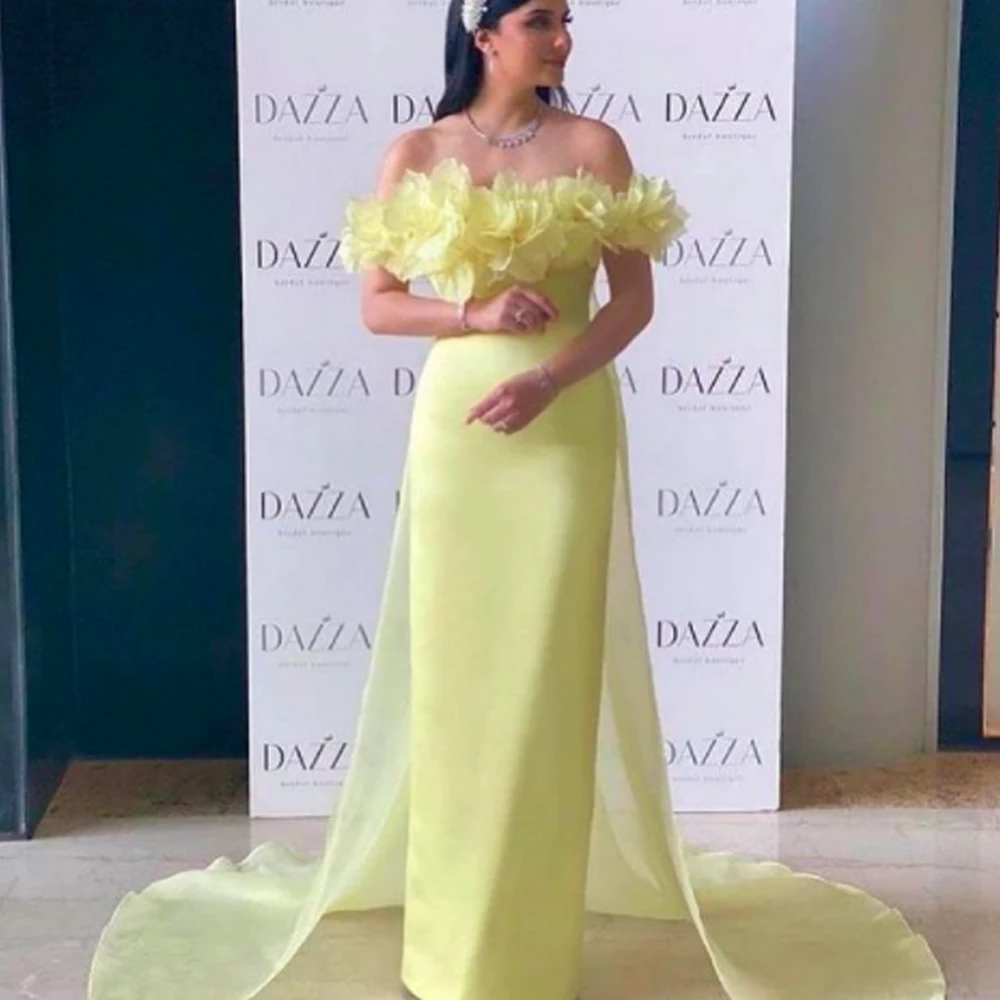 

yellow prom dresses 2022 off the shoulder hand made flowers mermaid long hand made flowers evening dresses