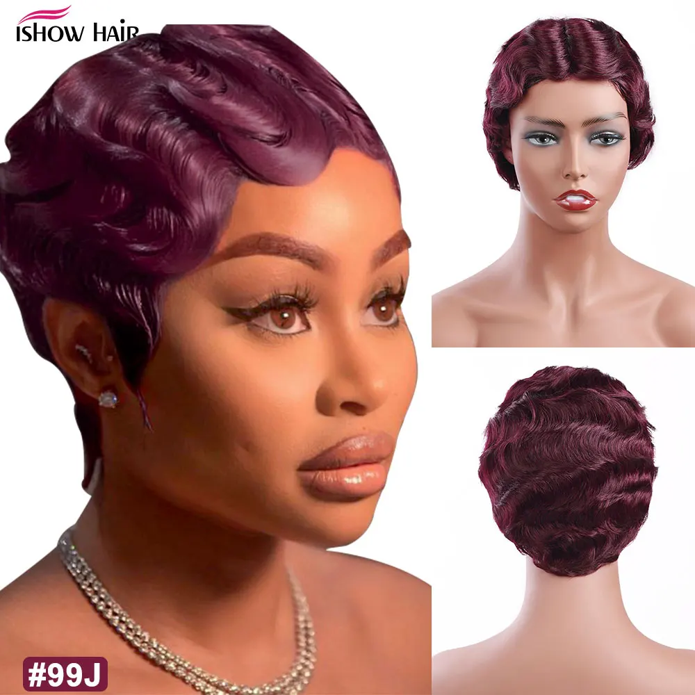 Парик Ishow Finger Wave 100% человеческие волосы парики Pixie Cut цветные Короткие Bob для