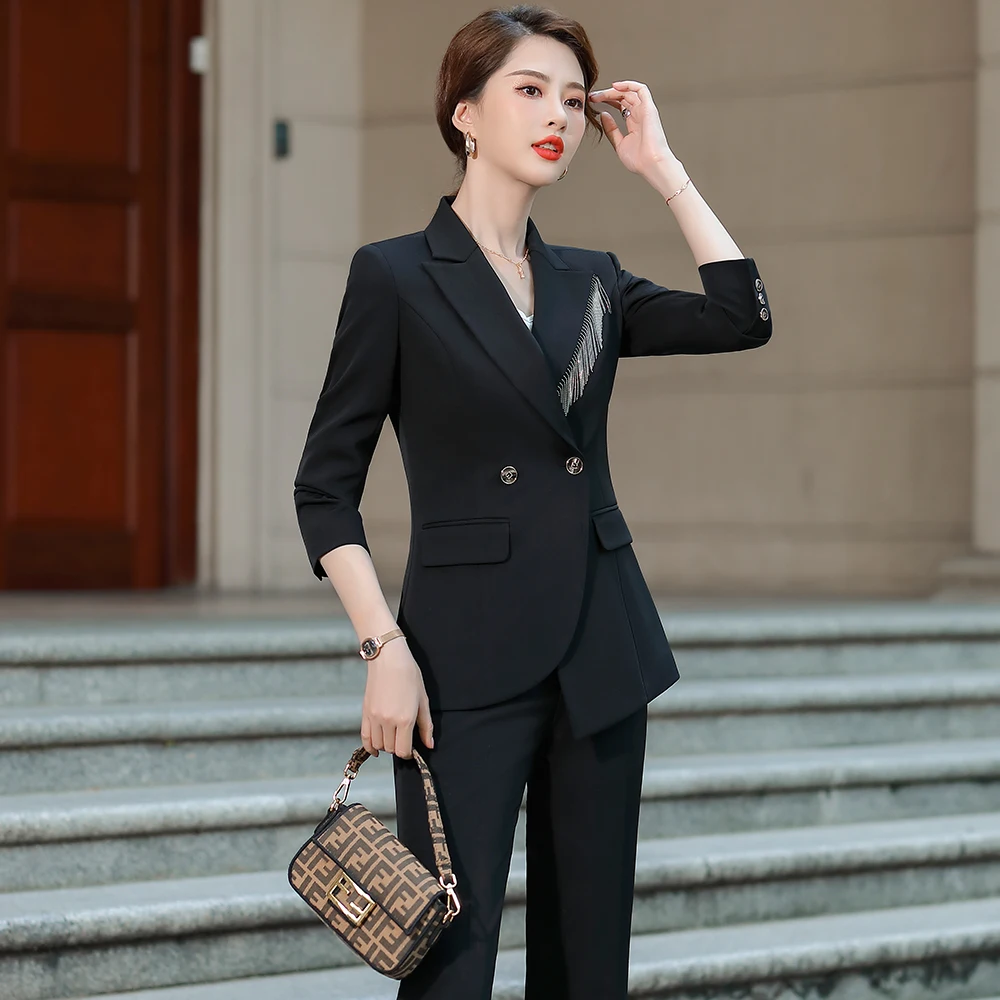 Latest Ladies Business Pant Suit Design White Blue Black Formal 2 Piece Blazer Set Women Asymmetric Tassel Jacket and Trouser